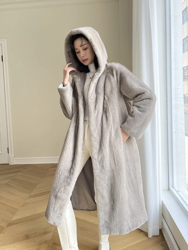 

Fangtai 2023 New Winter Import Velvet Mink Fur Coat Women Hooded Hree Shipping Promotion Loss X-Long Natural Real Mink Fur Coats