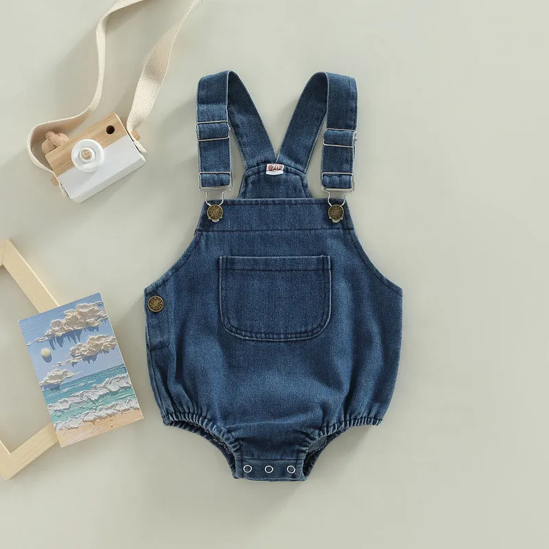 Newborn Baby Girl Boy Denim Bodysuit Summer Clothes 2023 Sleeveless Solid Button Closure Jumpsuit with Pocket 0 to 24 Months