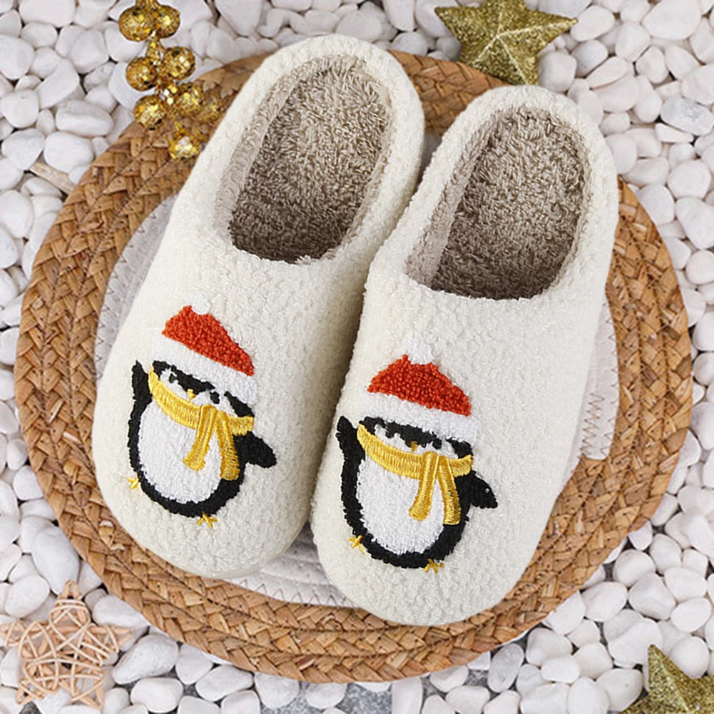 Christmas Plush Slip-on House Shoes Anti Slip Penguin Slippers Soft Furry Slippers Comfortable Cartoon Household Supplies