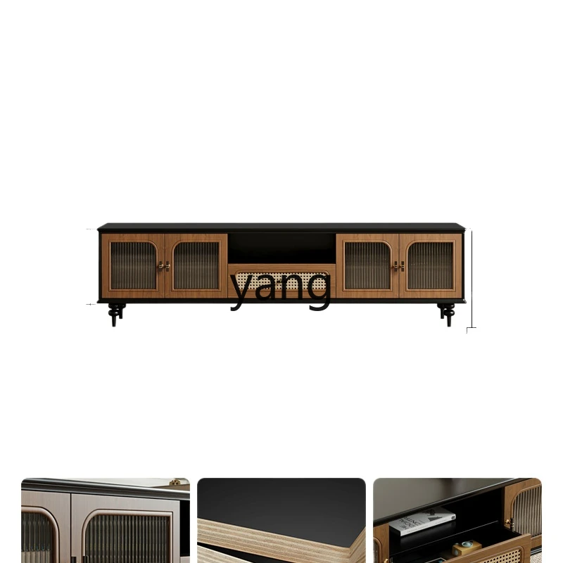 LH  solid wood living room household small apartment retro rattan TV cabinet coffee table