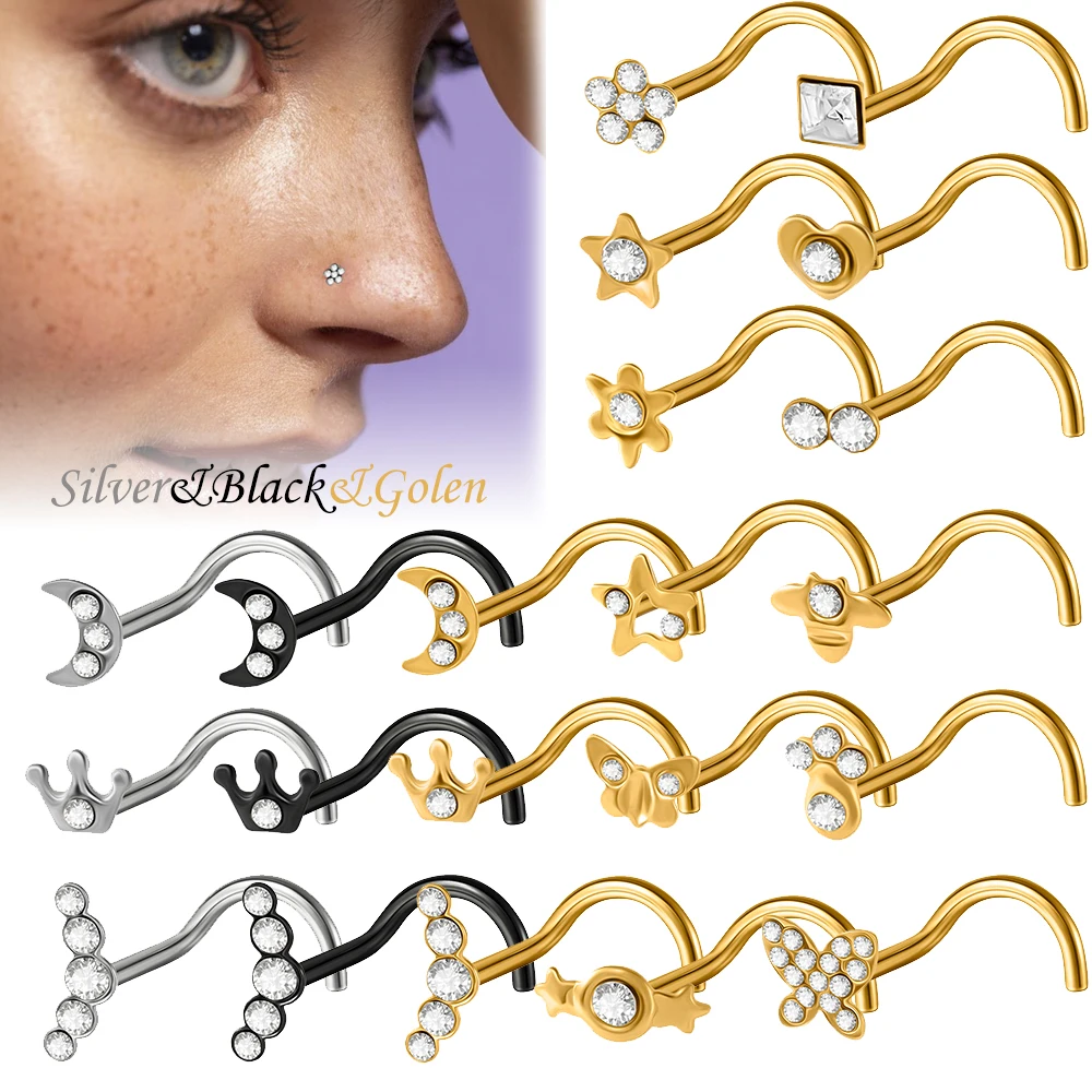 Body Jewelry Etc - 1-15 個サージカルスチールノーズスタッドクラウンハートムーンスターフラワーなどノーズスタッド 20 グラム曲がったノーズリングかわいいピアスジュエリーユニセックス