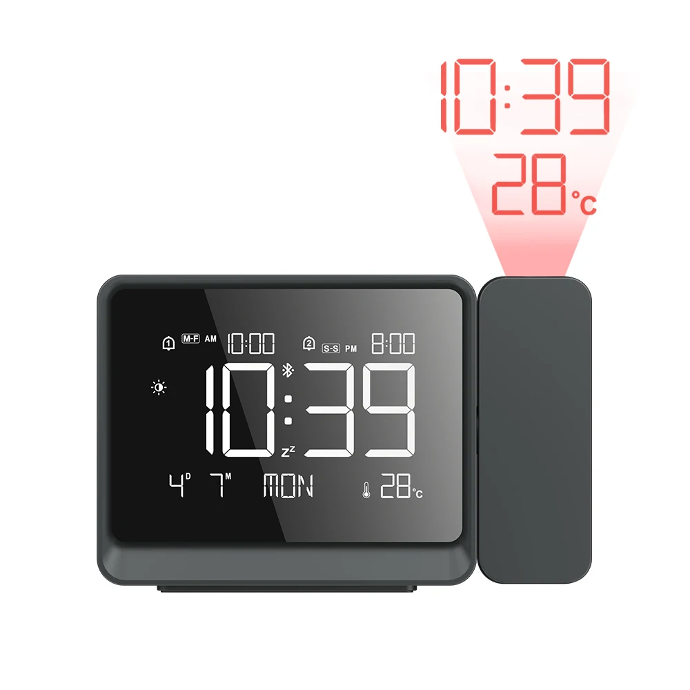 Black Digital Desktop Alarm Clock Thermometer Wall Projectior Bluetooth Time Adjust Night Light USB Focusing Display Projection
