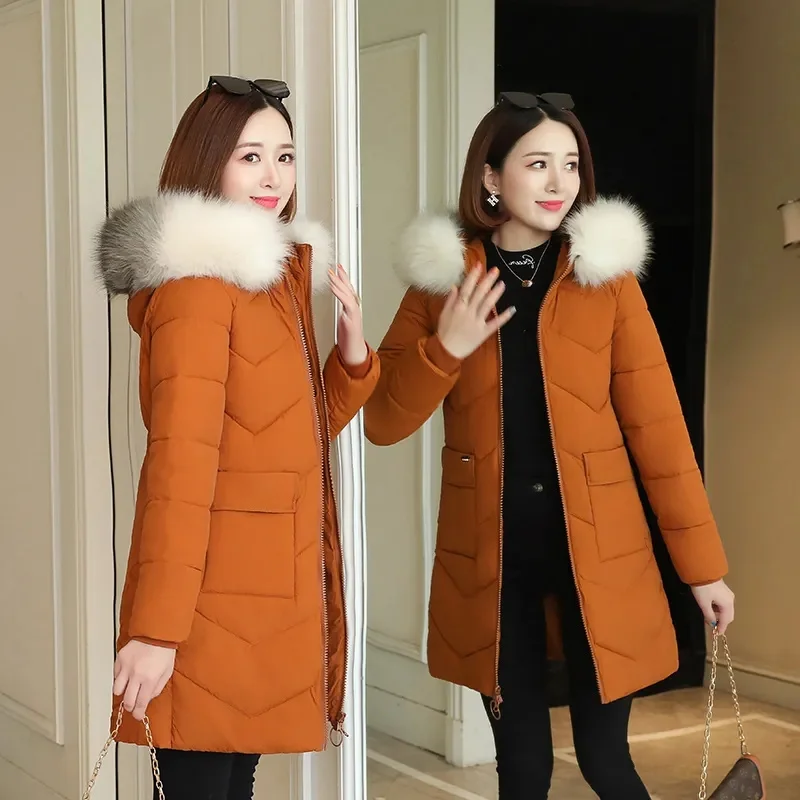 Winter Fashion Fur Collar Hooded Down Cotton Coat Womens Parkas Jacket Long Warm Padded Puffer Parkas Snow Wear Outerwear Female