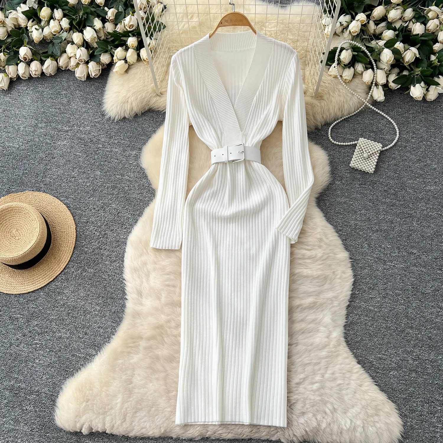

Knit Dress Women V Neck Ankle Length Dresses Slim Fit Long Sleeve High Waist Y2k Elegant Vestidos Wrap Hip Autumn 2025 Casual
