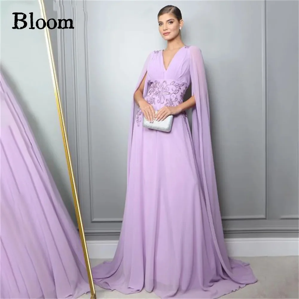 

Bloom V-neck Chiffon Lavender Prom Dresses Cap Sleeves A-line Floor-length Beads Evening Dresses 2024 Formal Wedding Party Gown