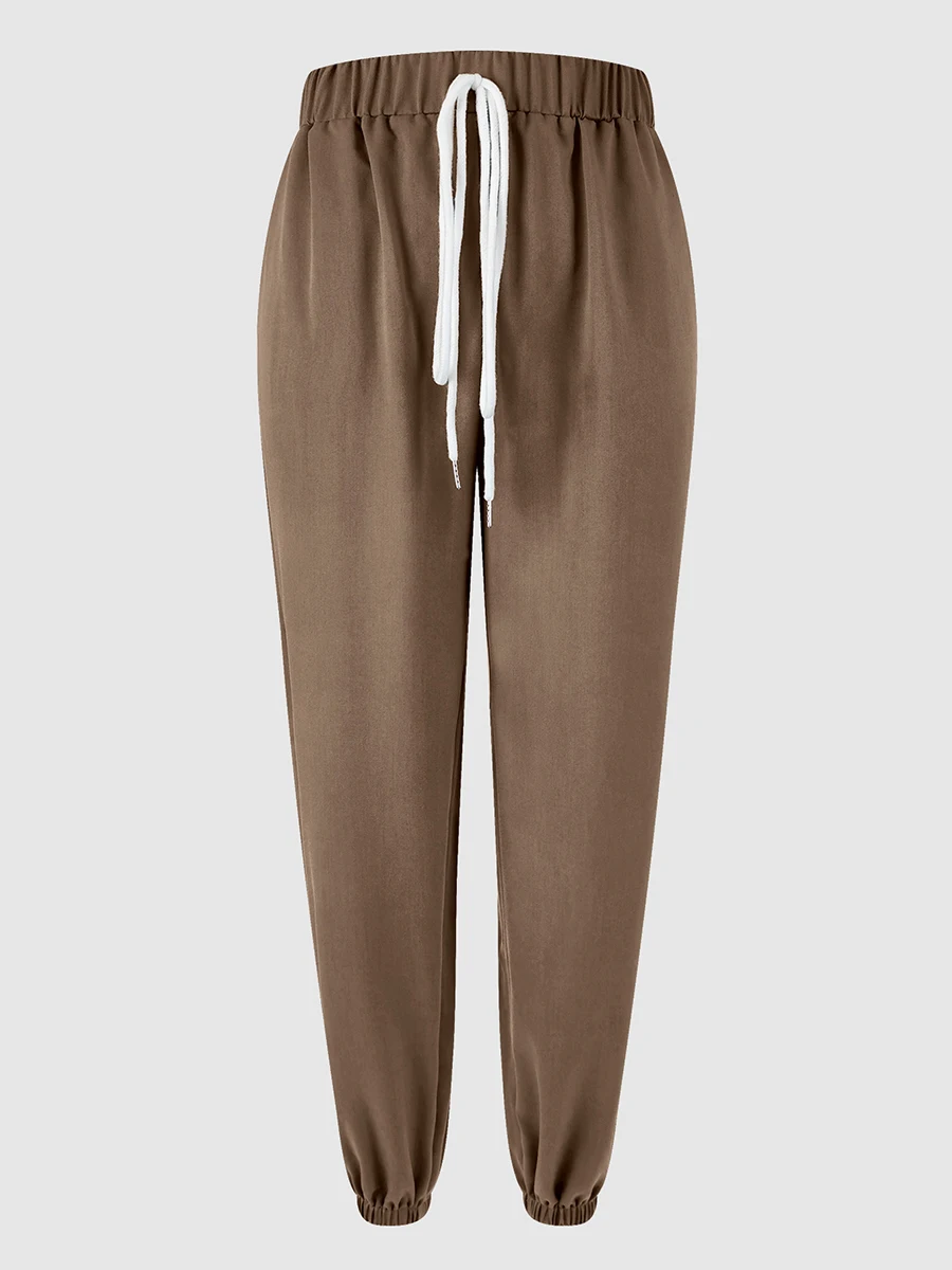 Damen Casual Einfarbige Weite Haremshose Baggy Ballonhose mit Hoher Taille, Kordelzug und Elastischen Knöchelmanschetten, Strand-Jogginghose – Detail 3
