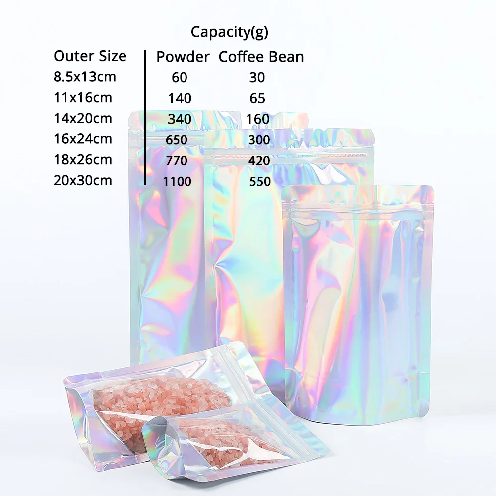 100PCS Smell Proof Plastic Package Ziplock Bags Clear Front Holographic Silver  Pouches Recyclable Metallic Mylar Storage Bags