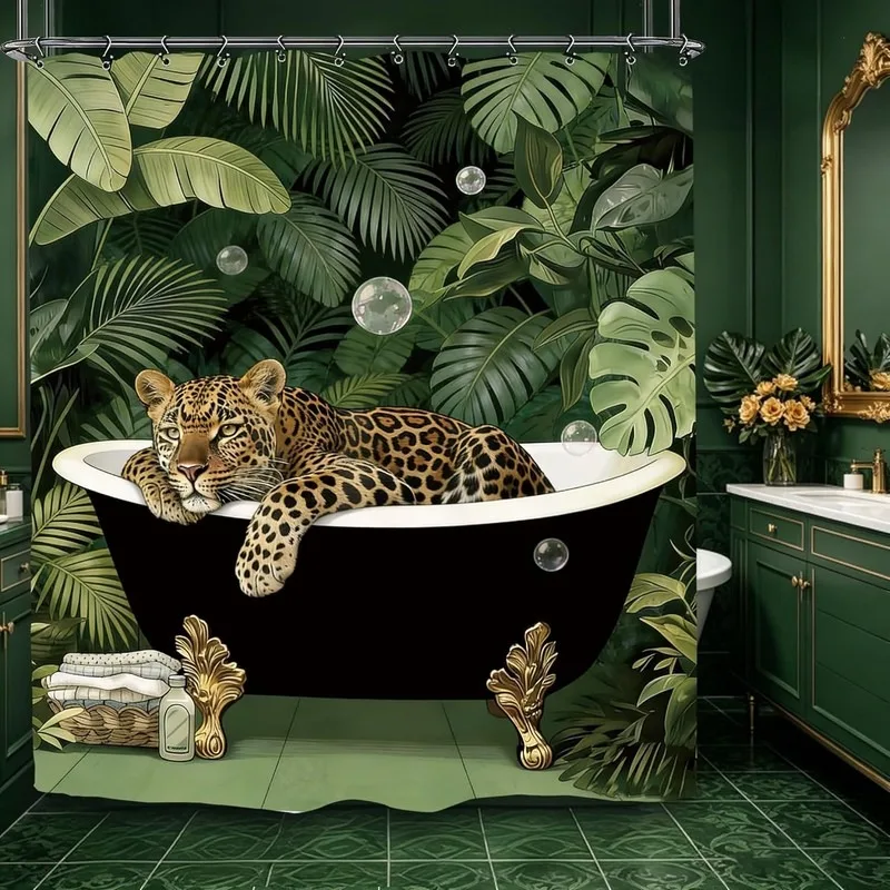Retro Tropical Leopard Plant Shower Curtain No Drill Waterproof Bath Curtain with 12 Hooks for Bathtub Bathroom Decor