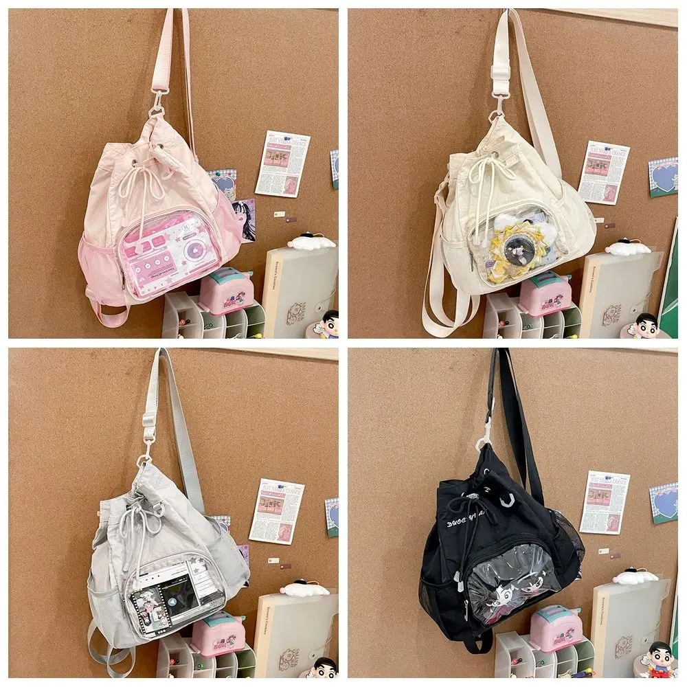 ファッション透明ナイロン巾着バックパック軽量バッジディスプレイカジュアル Ita バックパック原宿甘い Y2k 通学女の子