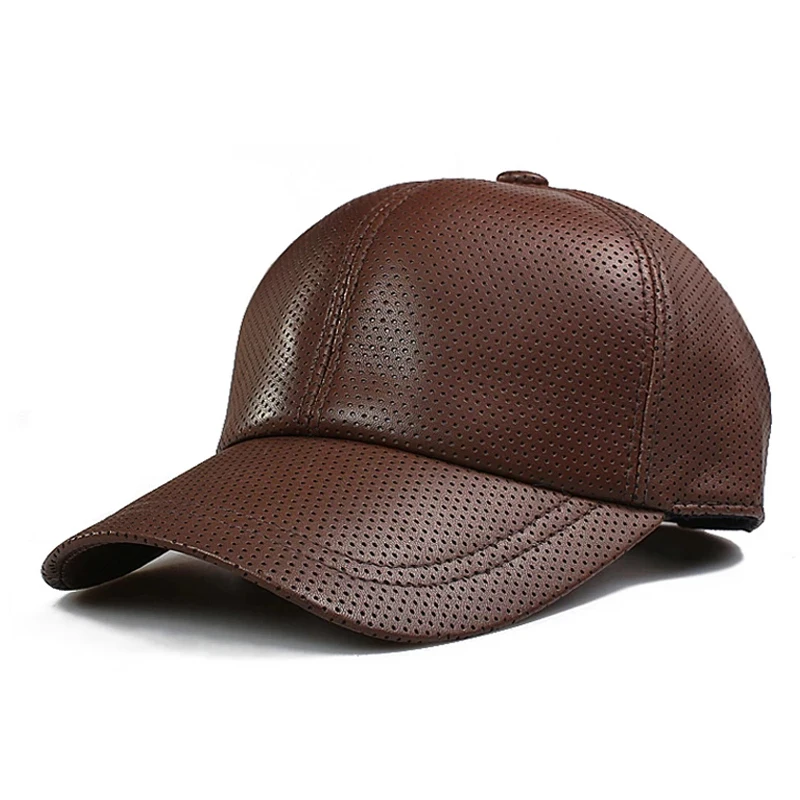 2025 Men Real Leather Baseball Caps Korean Fashion Male Winter Casual Youth Duck Tongue Warm Hat Hip Pop Punch Dot Coffee Gorras