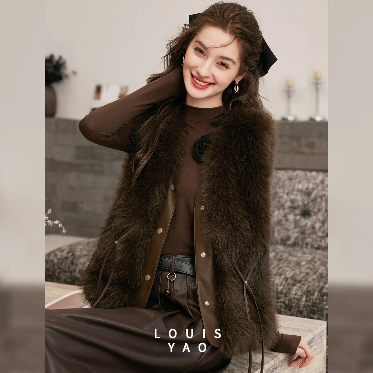 LOUIS YAO Faux Fur Layering Senior Vest 2026 Autumn Winter Tops Women's Vest Fairycore Open-Front Elegant Exquisite Jackets