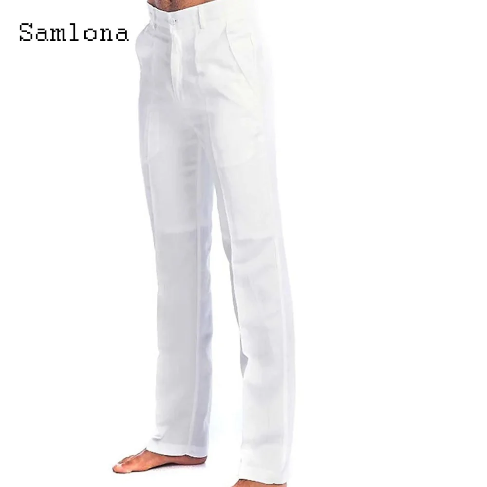 Pantalones de lino informales con bolsillo para hombre, ropa de calle elegante, color blanco y gris, talla grande 3xl, 2023