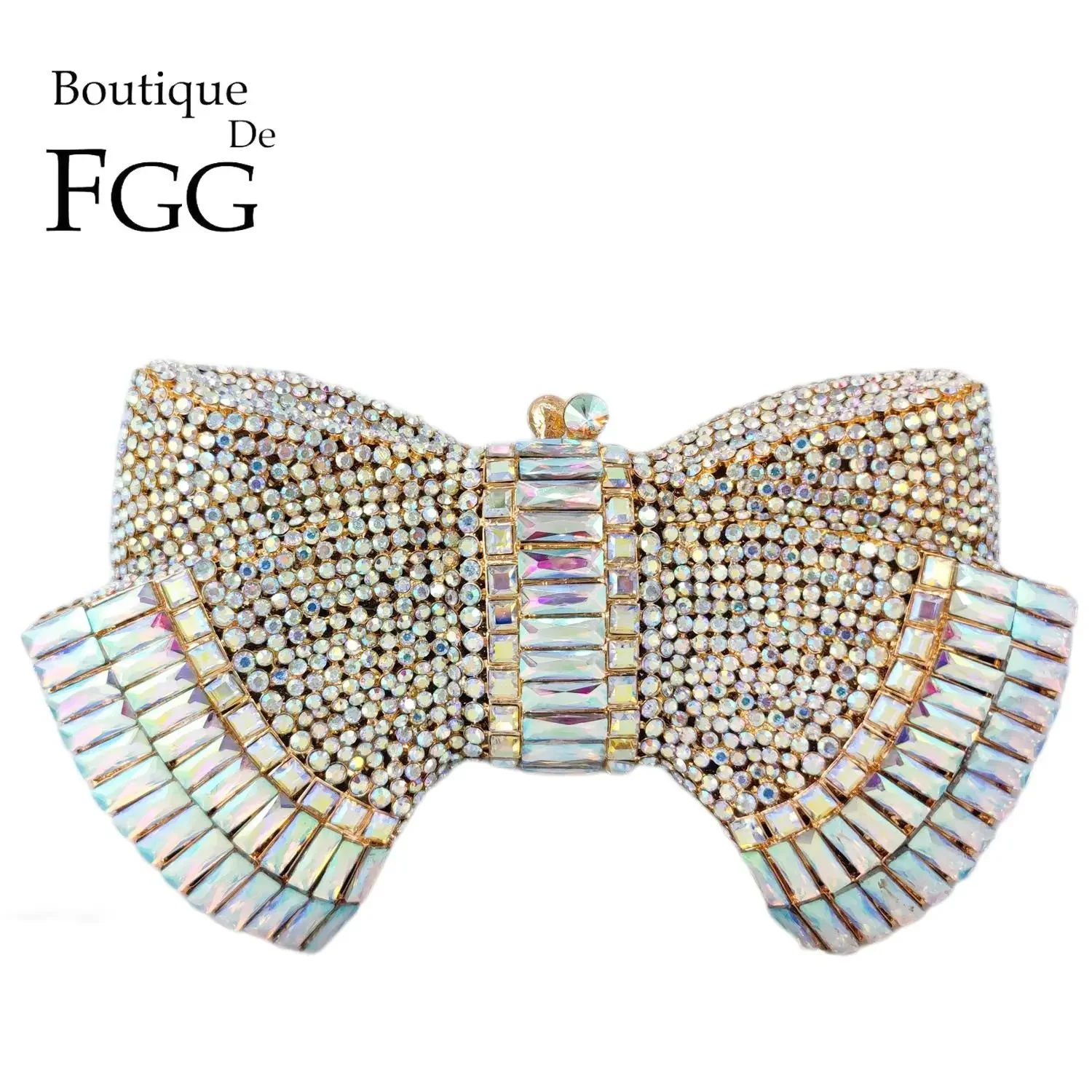 Boutique De FGG Designer Bow Clutch Evening Bag Women God AB Crystal Clutch Bags Wedding Party Bridal Rhinestone Handbags