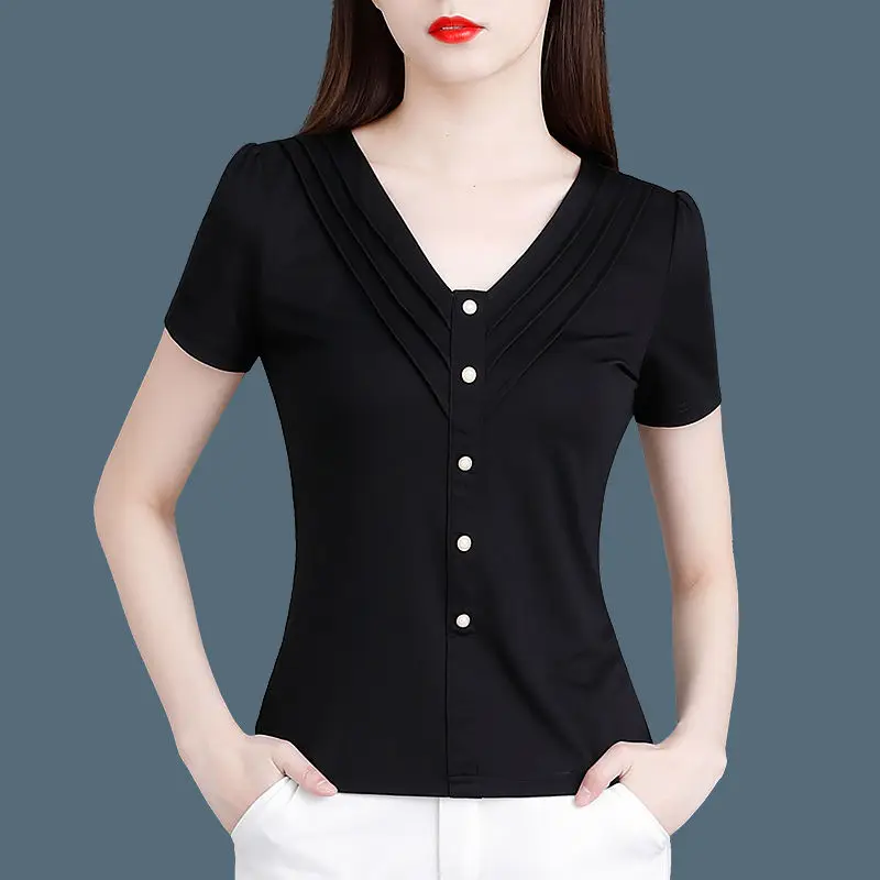 Summer New Fashion Elegant Simple Black V-Neck Short Sleeved T-shirt Women Temperation Patchwork Button Slim Fit Versatile Tops