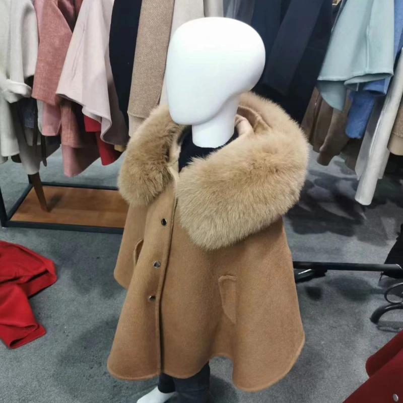 Winter 2022 New Girls Woolen Coat Woolen Cape Fox Fur Collar Kids Jacks for Girls Baby Girl Winter Cloths Girls Coat