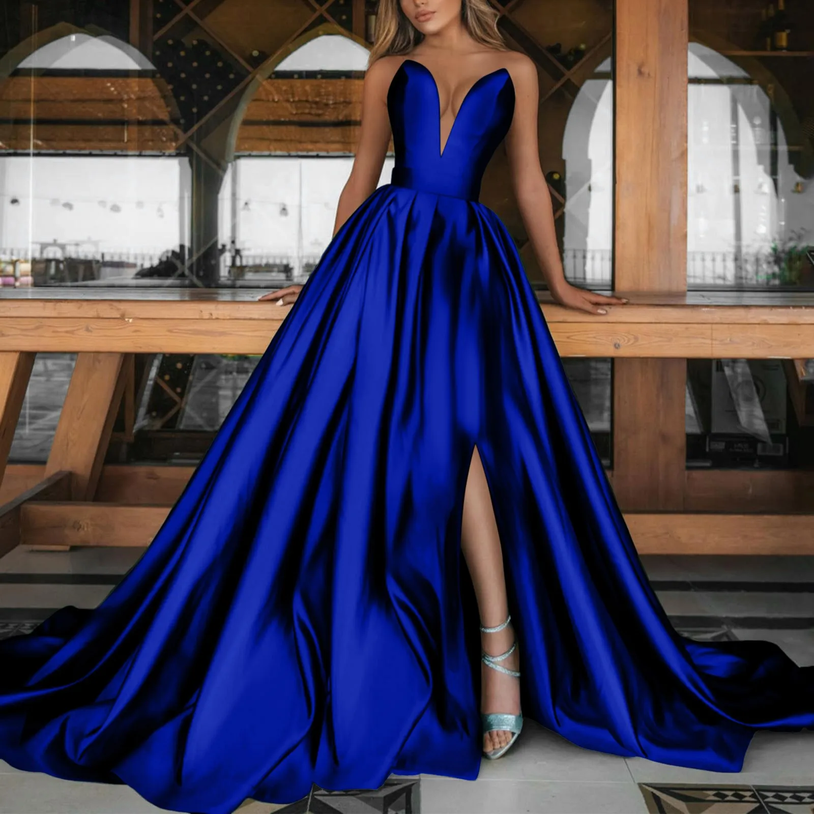 فستان نسائي رسمي فرنسي أنيق مثير بكتف واحد من الساتان الصلب للحفلات المسائية بطول الأرض فساتين طويلة لحفلات الزفاف