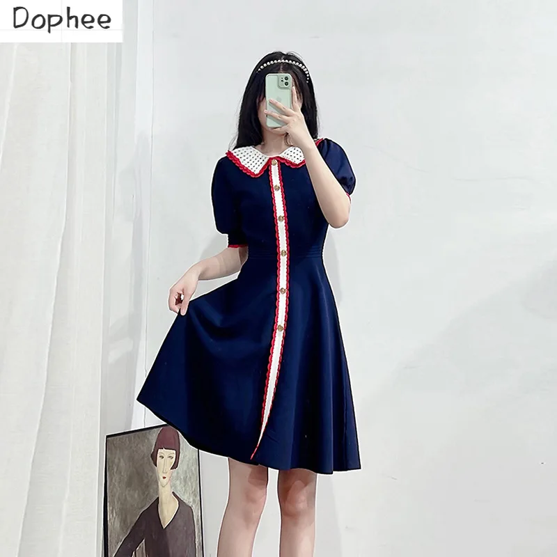 

High Quality New Autumn Fashion Lady Elegant Knitting Dress Hollow Out Turn-down Collar Single-breasted Puff Short Sleeve Dress