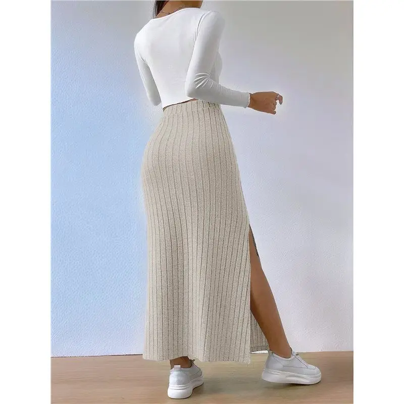 FYBL-dames effen hoge taille split zijrok casual gebreide maxi-rokken comfortabele bodycon-jurk