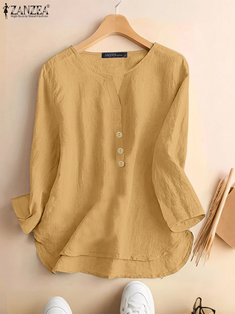 

ZANZEA Women Summer 3/4 Sleeve Solid Blouses Casual Work Shirt V Neck Tunic Tops Female Chemise Elegant Work OL Blusas Oversize