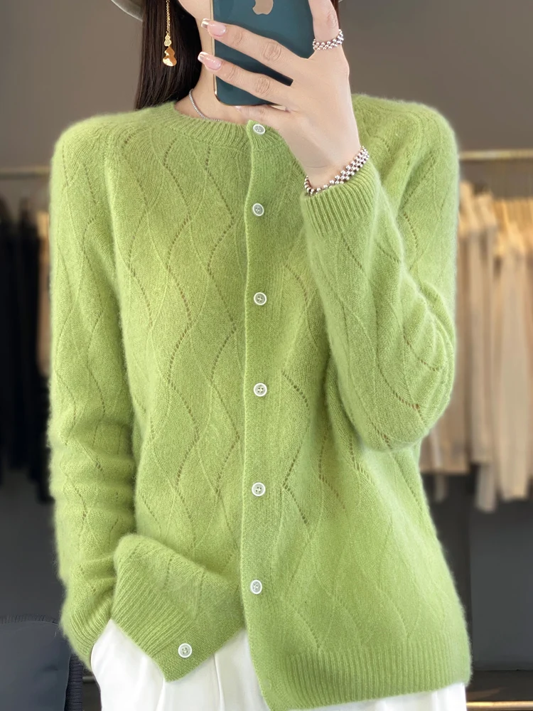 100% Merino Wool Knitwear O-neck Hollow Out Sweater For Women Cardigan Raglan Sleeve Spring Autumn Cashmere Popular Clothes Tops