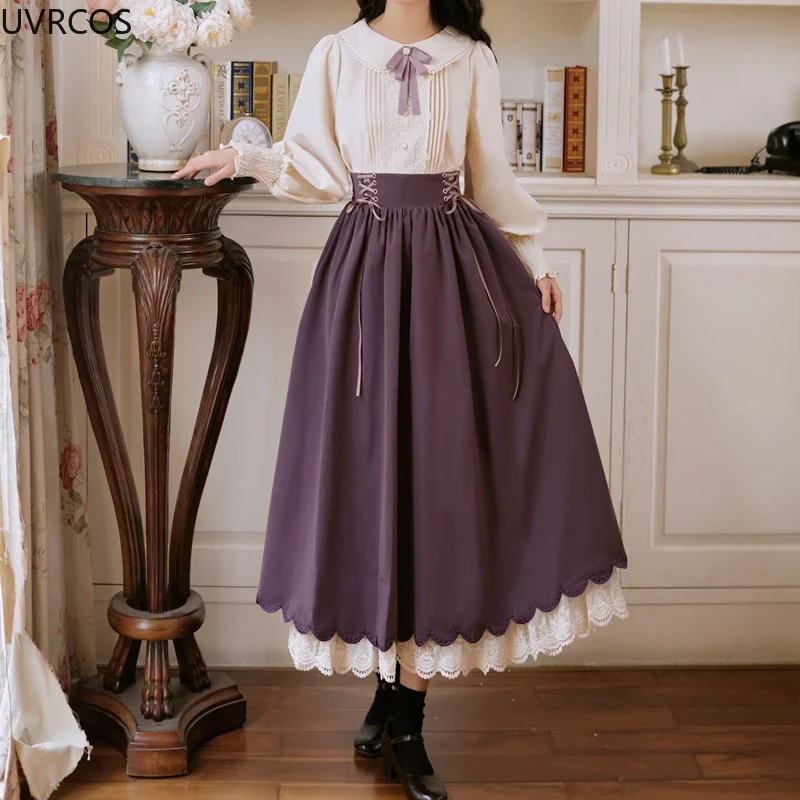 Victorian Vintage Elegant Long Skirt Women High Waist Lace Patchwork Bandage Skirts Female Cute A Line Ruffles Party Midi Skirt