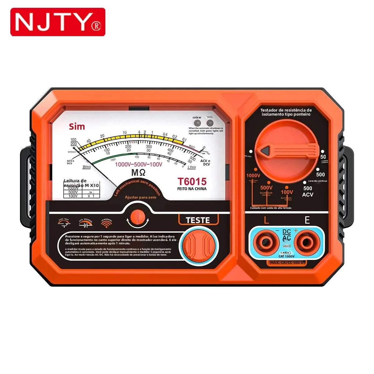 Njty t6015 ponteiro medidor de resistência de isolamento ac/dc tensão detectar 2000mΩ usb recarregável megôhmetro para testes elétricos