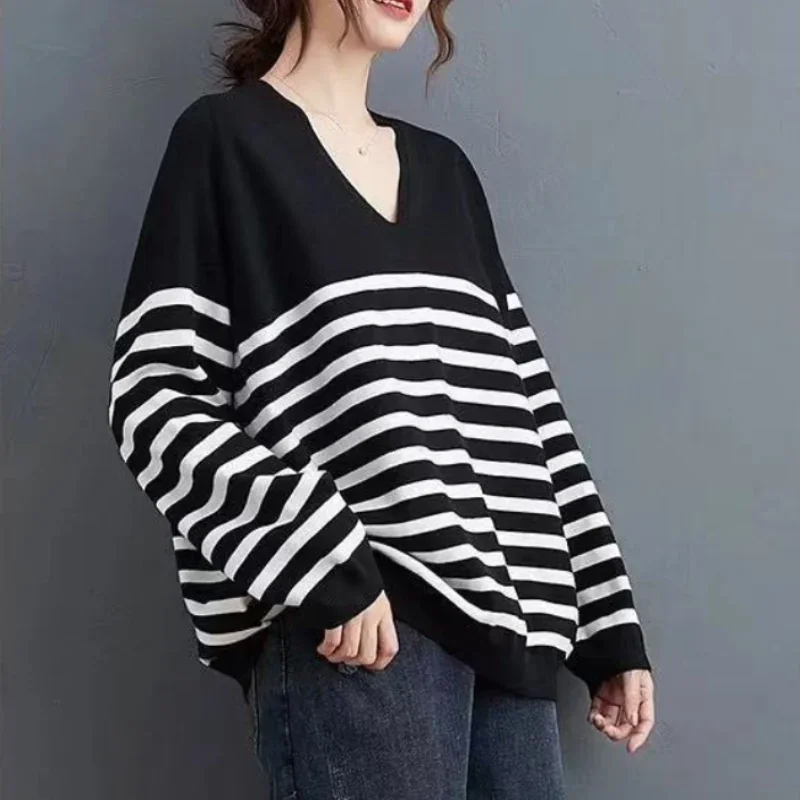 Spring Autumn Plus Size Loose Long Sleeve V Neck All-match Knitting Sweaters Striped Pullovers Top Vintage Fashion Women Clothes