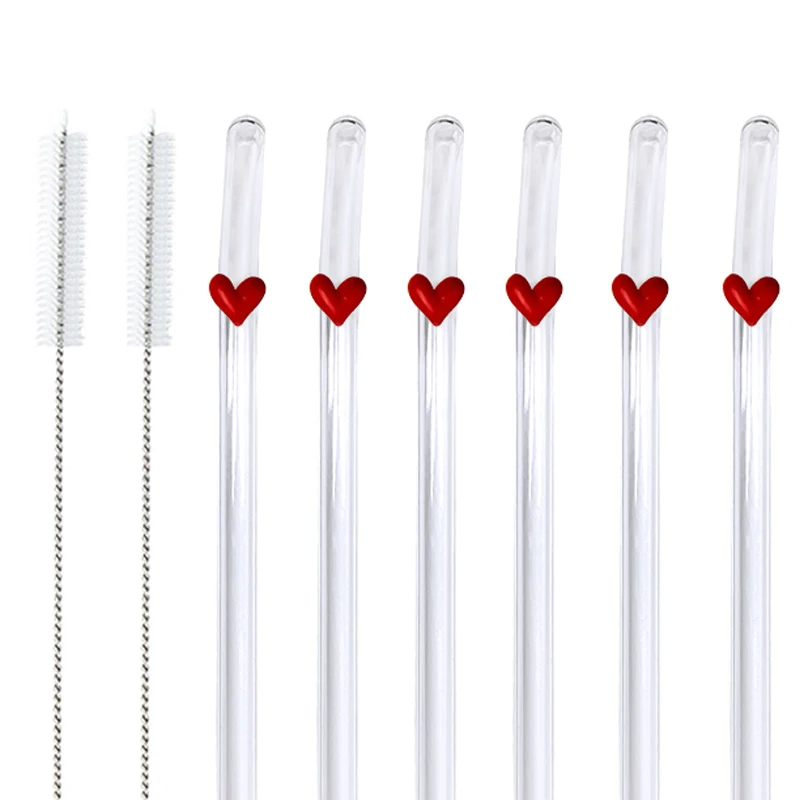 

Transparent Glass Drinking Straws Cute Heart Strawberry Glass Straws With Clean Brush Reusable Smoothies Cocktails Bar Accessory