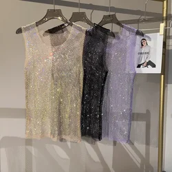 Women&Men Crystal  Rhinestones Shiny Sexy Y2K Tank Tops High Quality Party Club Sexy See Through Mesh Hollow Out Diamond shirt