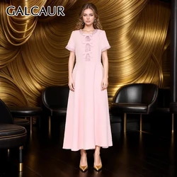 GALCAUR Hollow Out A Line Dresses For Women Round Neck Short Sleeve High Waist Spliced Bowknot Chic Slimming Dress Female Style