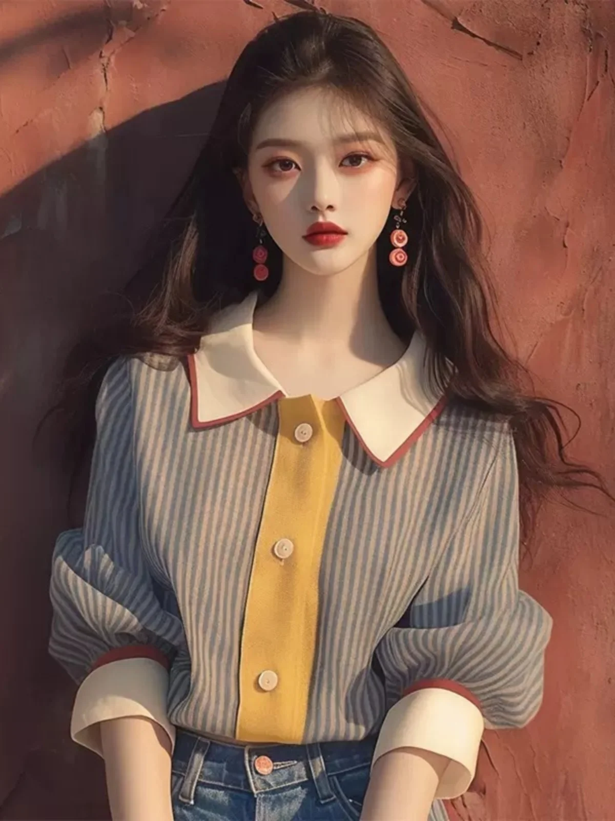 

Women's Loose Fit Striped irt Design Sense Early Autumn High End Feel Plaid Flip Collar Sun Protection Top Vintage Sle