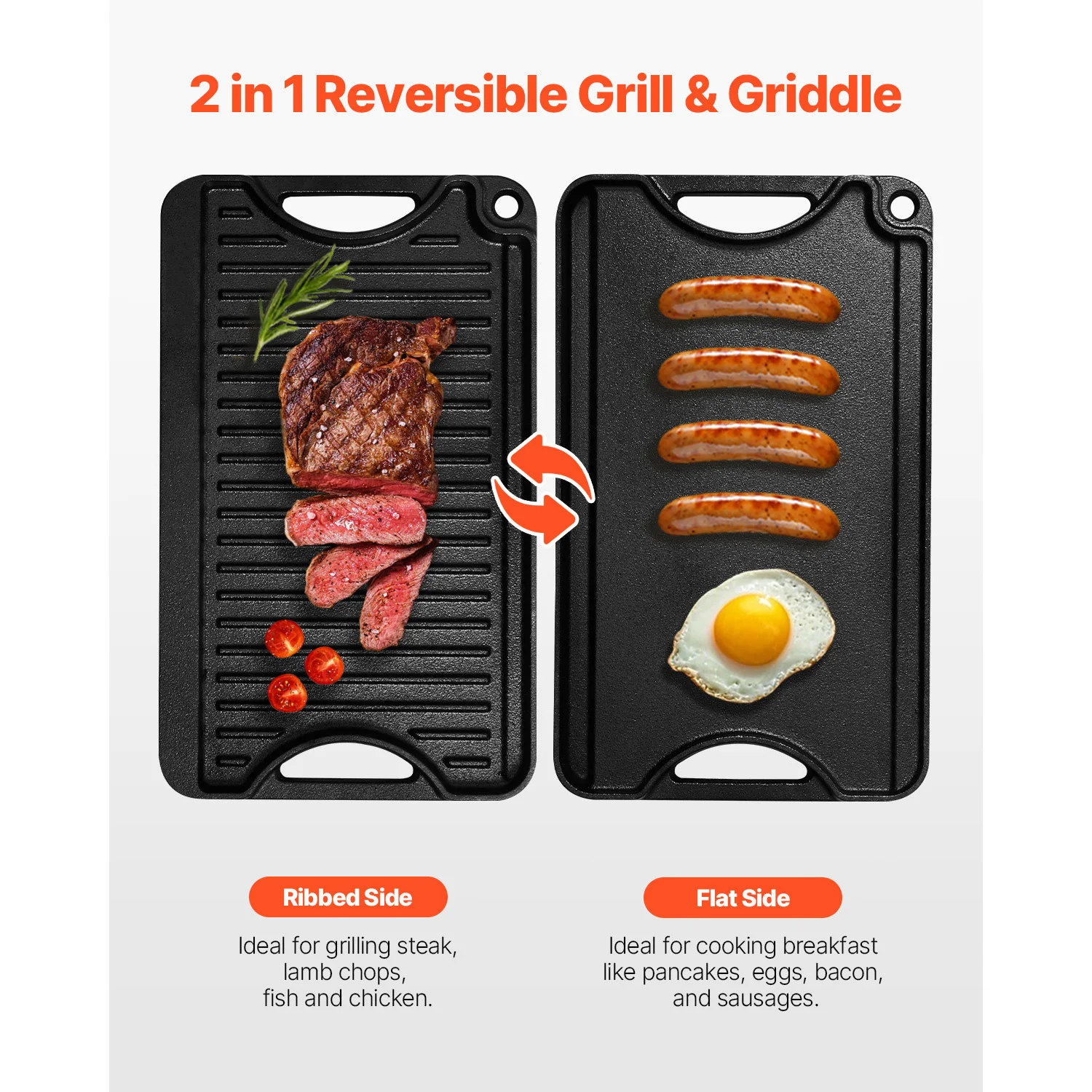 Reversible Grill/Griddle, 14x8.5 inch Pre-Seasoned Cast Iron Griddle, Portable Rectangular Pan with Handle, Family Cookware for Indoor/Outdoor Stove Top Burner, Gas, Camping BBQ, Black