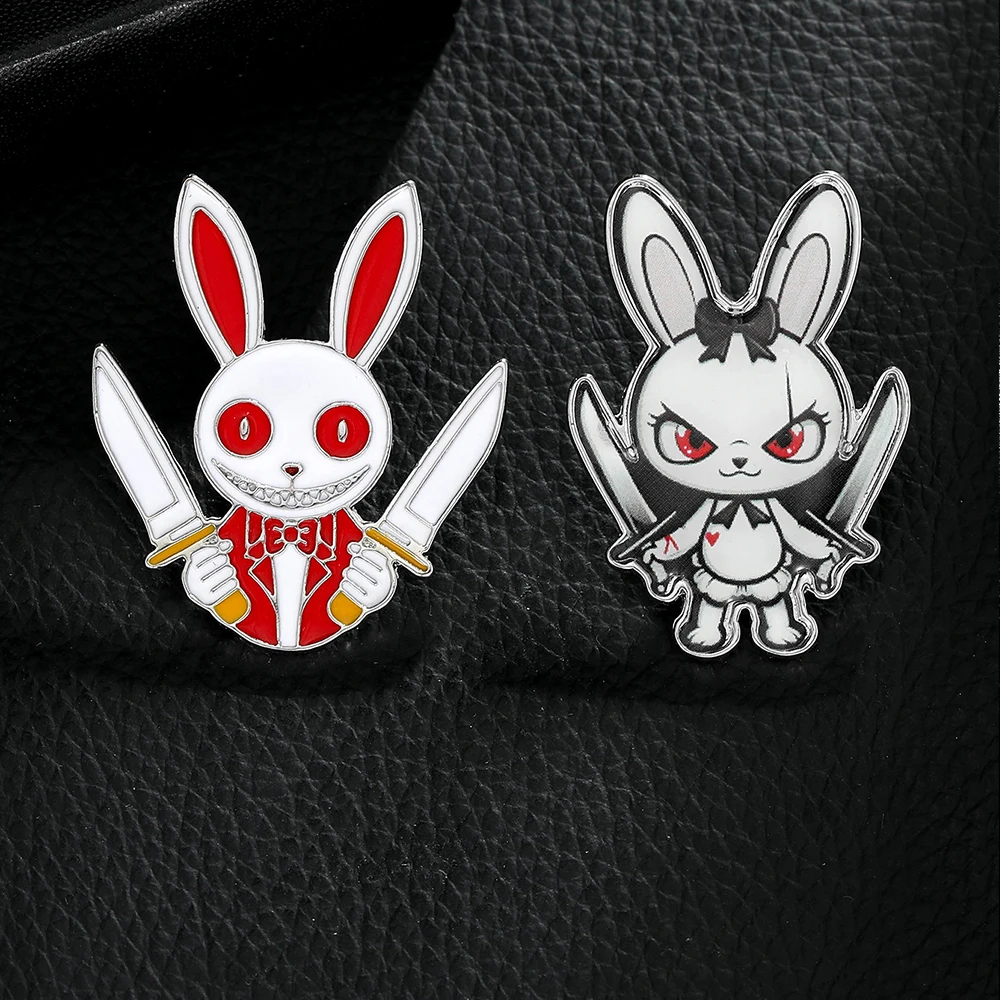 Creative Double Knife Devil Rabbit Enamel Pins Demon Bunny Drop Glue Brooches Cheap Personality Jewelry Wholesale