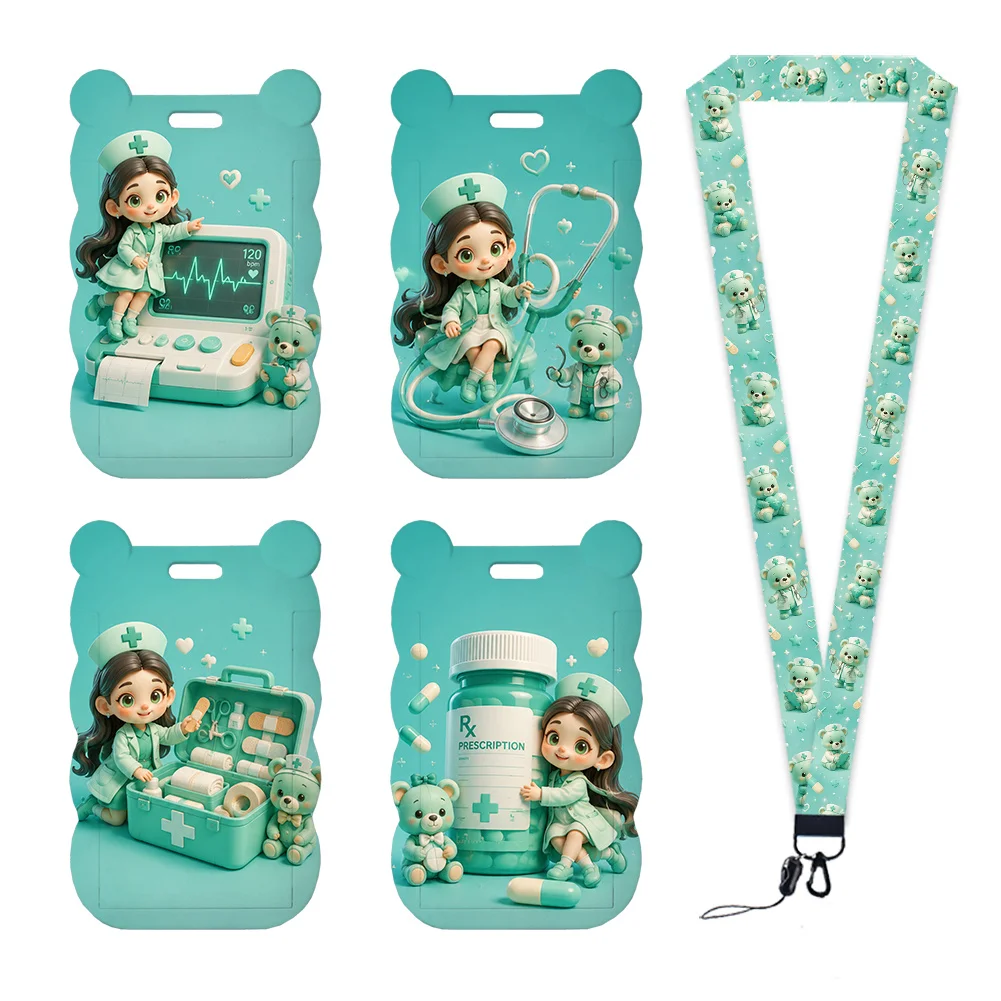 Blue Green Color Nurse Series Work Card Holder Work Permit Name Badge with Keychains Student Id Card Lanyard Holder Accessories