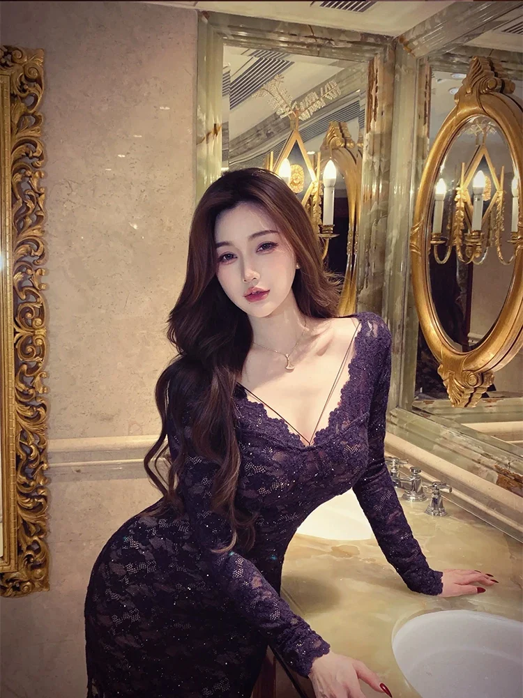 

XZY Sexy Lace Long Sve V-ne Dr Women's plus Size Spring High Waist Bodycon ort Skirt Faionable Slimming Dr