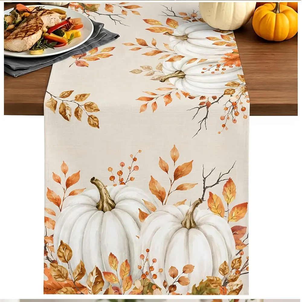 Linen Table Runner Gray Gingham with a Squirrel Pumpkin Cute Fall Table Decor Autumn Kitchen