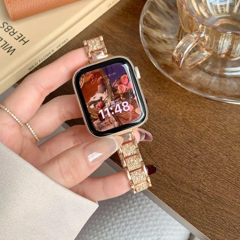 Nowy damski smukły pasek ze stali nierdzewnej do zegarka iWatch Ultra 9 8 7 6 SE 5 4 3 2 Diamond Band do zegarka Apple 38 40 41 42 44 mm 45 mm 49 mm