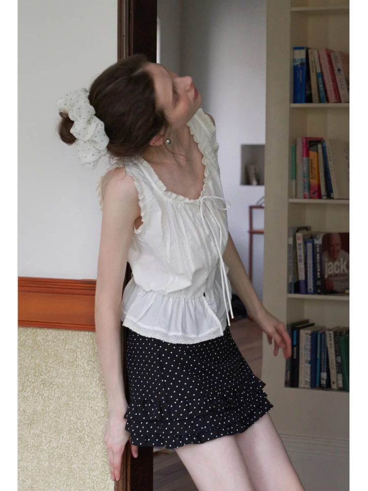 

Eggka Lace Trim Belted Svel Vest Women's Summer Korean Sle Sweet Unique Top Polyester Fiber ort Length Casual Fit