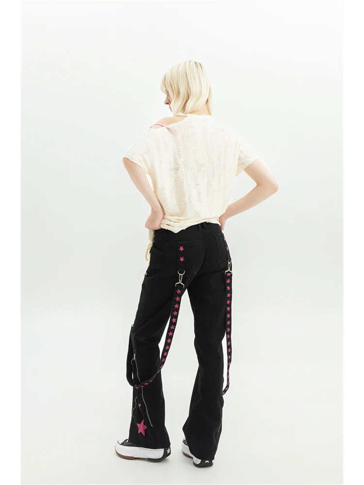 Damen Schwarz Gothic Baggy Cargo Jeans Harajuku Vintage Y2k Denim Hose Cowboy Hose 90er Jahre Ästhetisch Trashy Emo 2000er Jahre Kleidung Neu