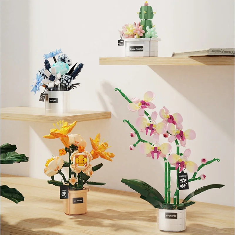 

Flower Series Building Blocks with Vase Sunflower Lily Flowers Simulation Bouquet Creative Assembly Model Home Decor Gifts #T3