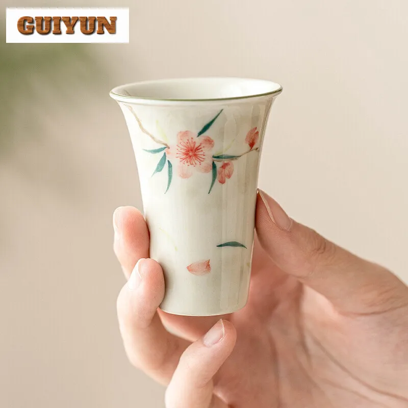 

2pc/set Hand-painted Peach Blossom Ceramic Teacup Smelling Fragrance Cup Master Single Flat Feet Mug Tasting Kung Fu Teaset 35ml