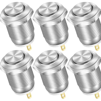 순간 푸시 단추 스위치, 12V 방수 전원 푸시 버튼, 소형 원형 크롬 스테인레스 금속, 2 핀 N/O, 12mm, 6 개