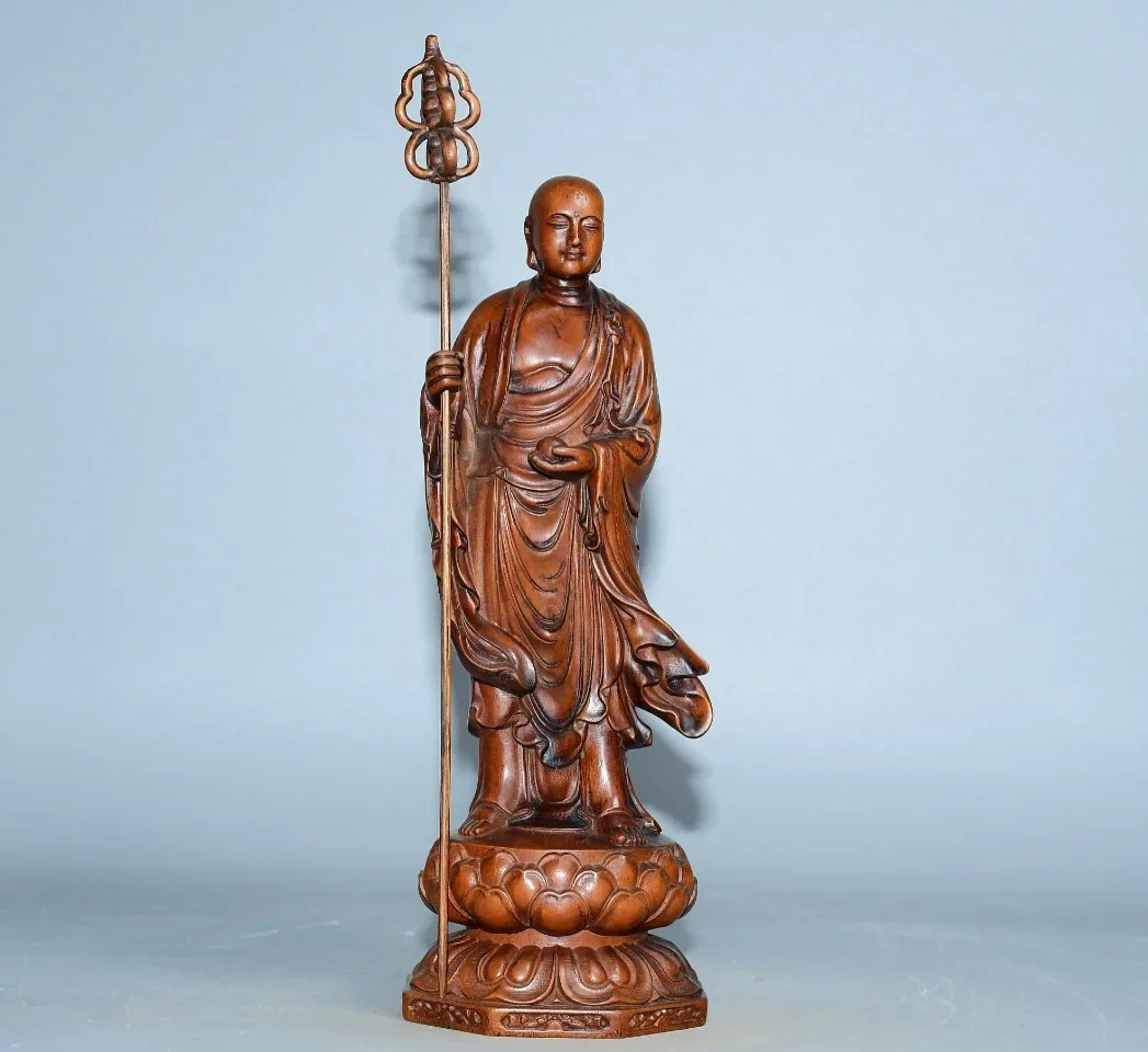 

8"Tibetan Temple Collection Old Boxwood Ksitigarbha Bodhisattva Standing Buddha Lotus Terrace Worship Hall Town house