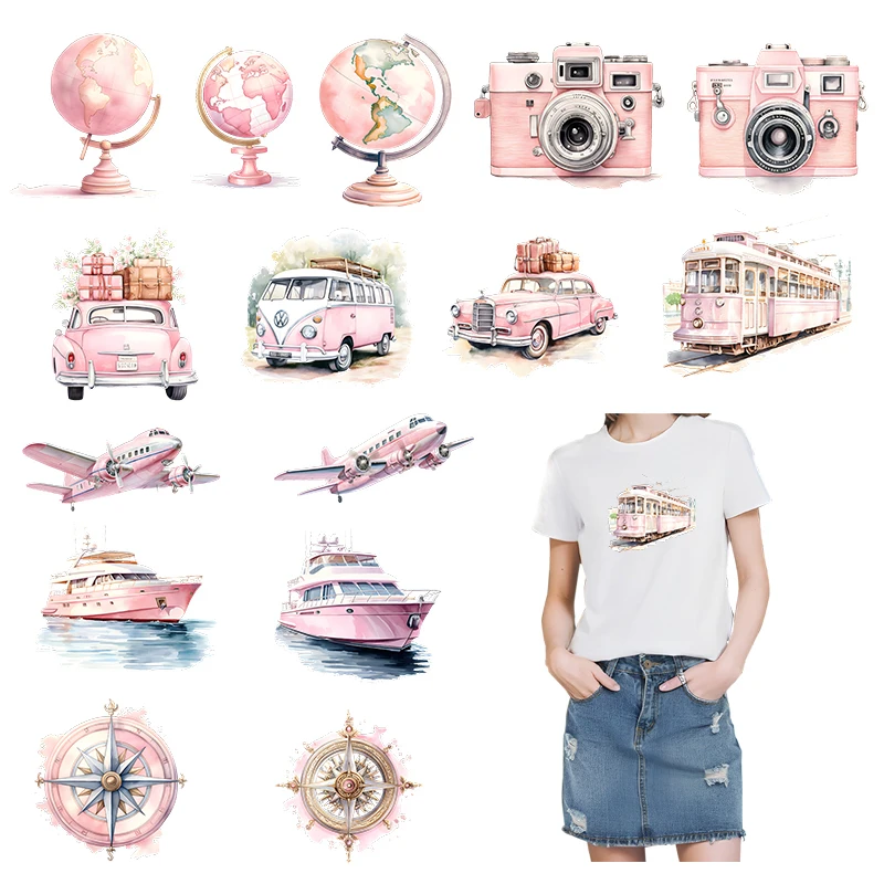 Iron on Patch Pink Series Airplane Ship Camera Travel Style Stickers Clothing Decorations Heat Transfer Accessories Stickers