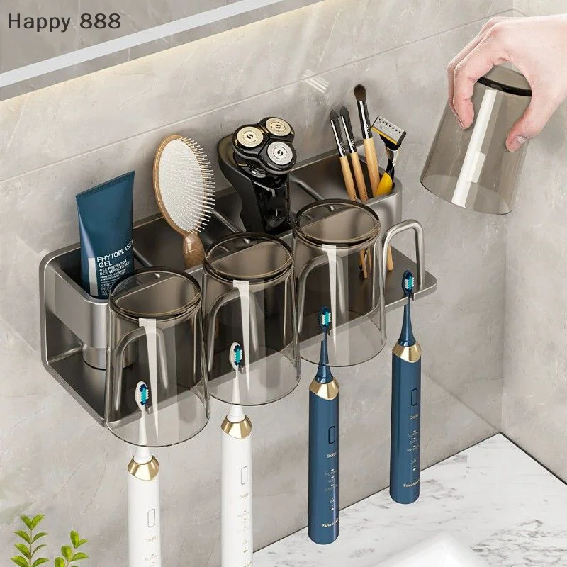 Multi-Functional Metal Toothbrush Rack with Toothpaste Holder, Wall-Mounted Bathroom Storage Solution without Drilling