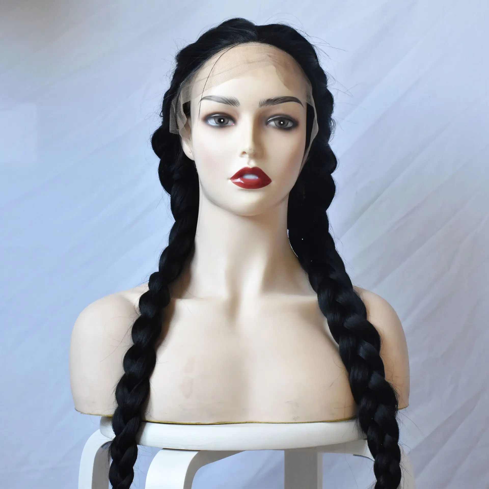 Moda peruca tendência para senhoras ligeiramente ondulado frente renda tranças duplas longo cabelo reto trançado frente renda tranças duplas