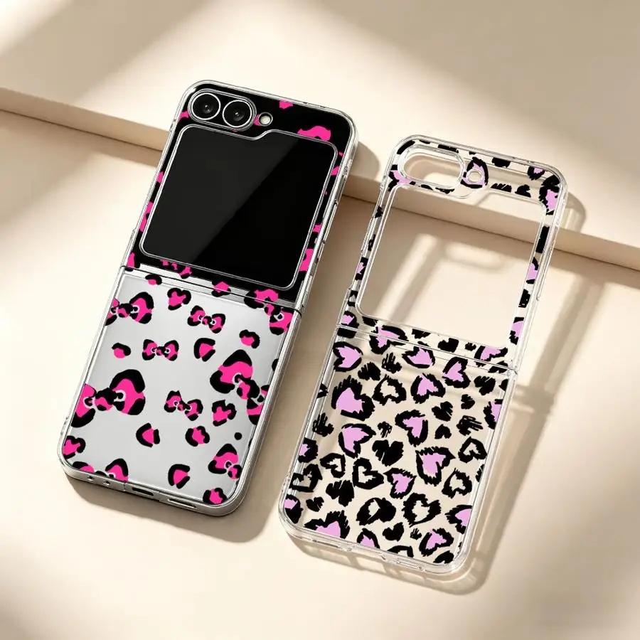 Hard Phone Cover Case for Samsung Galaxy ZFlip 7 Z Flip 7 6 5 4 3 ZFlip7FE ZFlip6 ZFlip5 ZFlip4 ZFlip3 Leopard Print Pink Love
