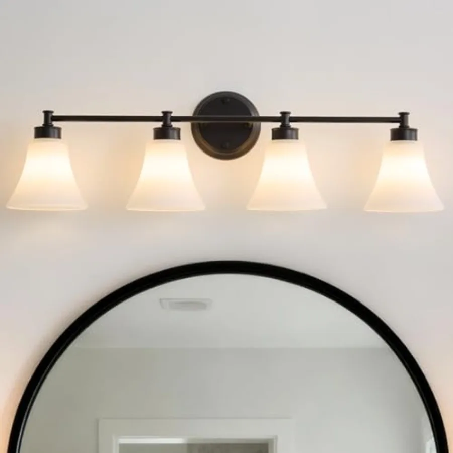 

4 Light Bathroom Vanity Light Matte Bathroom Lighting Fixtures Over Mirror with Opal White Frosted Glass Shade, Vintage Traditi