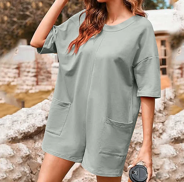 Summer Casual Jumpsuit Overalls For Women Oversized Loose Short Sleeve Shorts Jumpsuits With Pockets Rompers Bib Overall