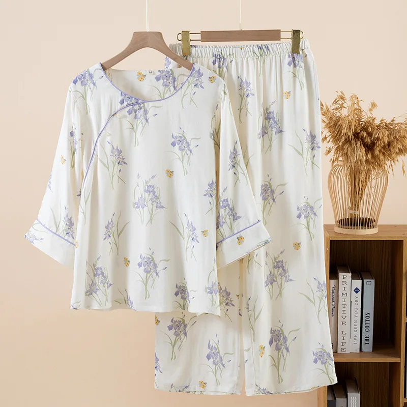 Women's Natural Bamboo Cotton Breathable 3/4 Sleeve Cross-Over Neck Pajama Set with Delicate Floral Print Loungewear.